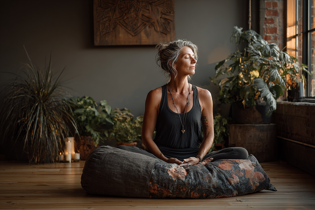 Інструктор демонструє йога-позу групі учнів зрілого віку на свіжому повітрі